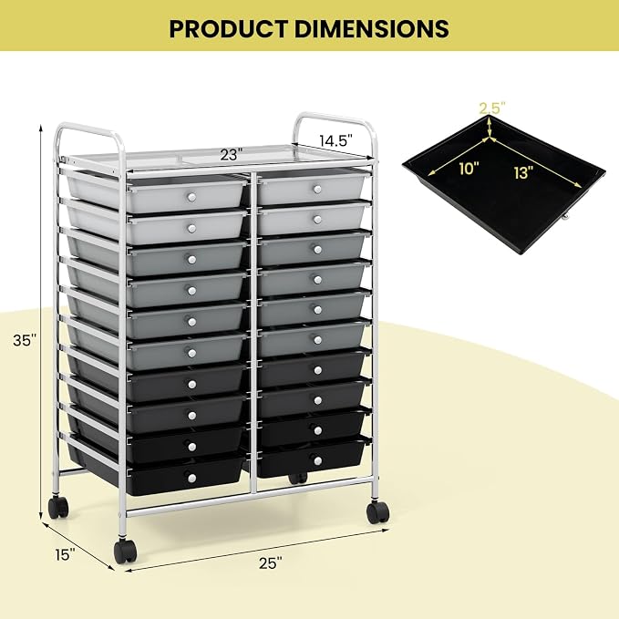 20 Drawer Rolling Storage Cart, Art Cart Organizer with Wheels for Makeup, Tool, Paper, Multipurpose Craft Storage Cart with Drawers for Office, Home, Classroom, School (Gradient Grey)