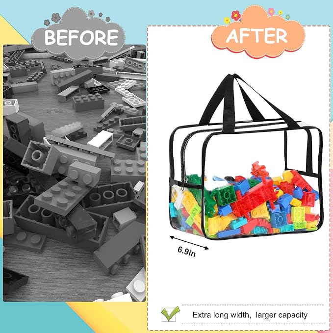 6 Pcs XL Toy Storage Bags Widen Waterproof Clear Toy Organizer with Labels | 12.6×9.25×6.9In Reusable PVC Transparent Organizer Bags with Zipper for Building Blocks, Puzzle, Board Games Travel Storage