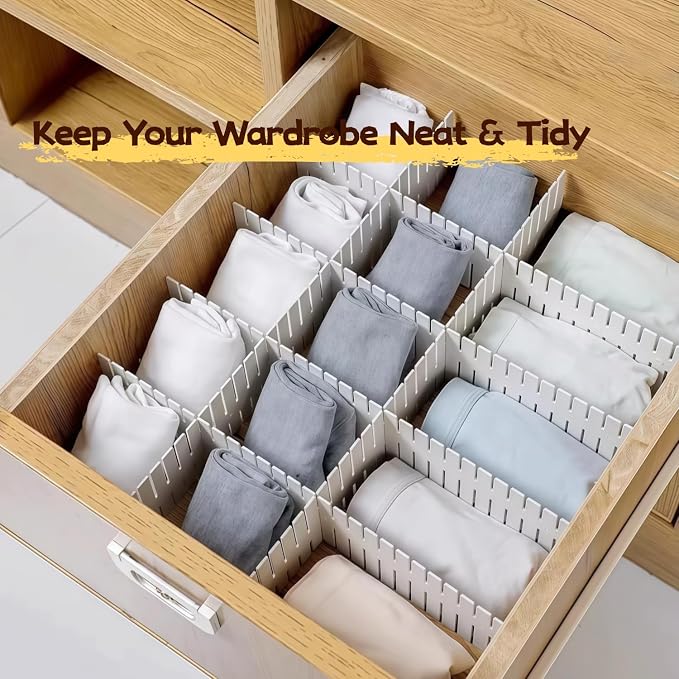 8 PCS Drawer Dividers, Adjustable Plastic DIY Organizer Separators for Socks, Underwear and Makeup, Ideal for Kitchen, Bedroom and Dresser Storage