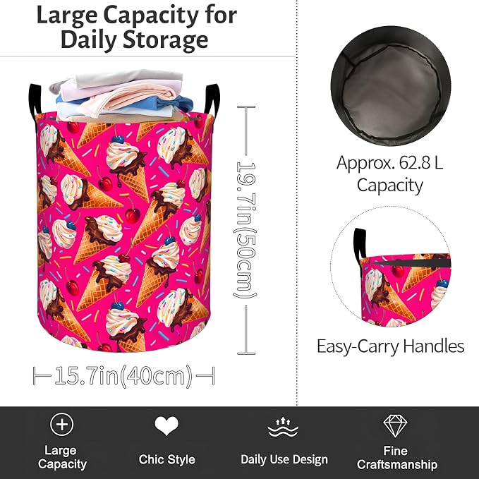 Ice Cream Laundry Basket, Colorful Dessert Foldable Oxford Cloth, Waterproof Dirty Clothes Hamper with Handles, Clothing Storage Bin Toy Organizer for Bedroom Dorm Bathroom, 19.7"x15.7"