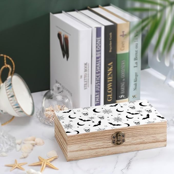 Wooden Keepsake Box for Memories Decorative Memory Boxes with Lid, Gothic | Skull Bat Spider Web Moon Art Gift Crafts Organizer, Wood Storage Container, Party Favor Decor, 9.2"x5.5"x3.9"