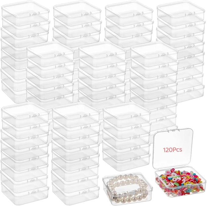 Organizer Case Set, 120 Clear Boxes, 3×3×1, Plastic Storage with Hinged Lid
