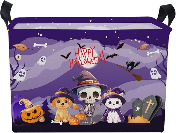 Purple Spooky Night Halloween Basket with Kitten Puppy Ghost Prints,Trick or Treat Storage basket for Gifts and Party Stuffers(Kitten Puppy Skeleton)