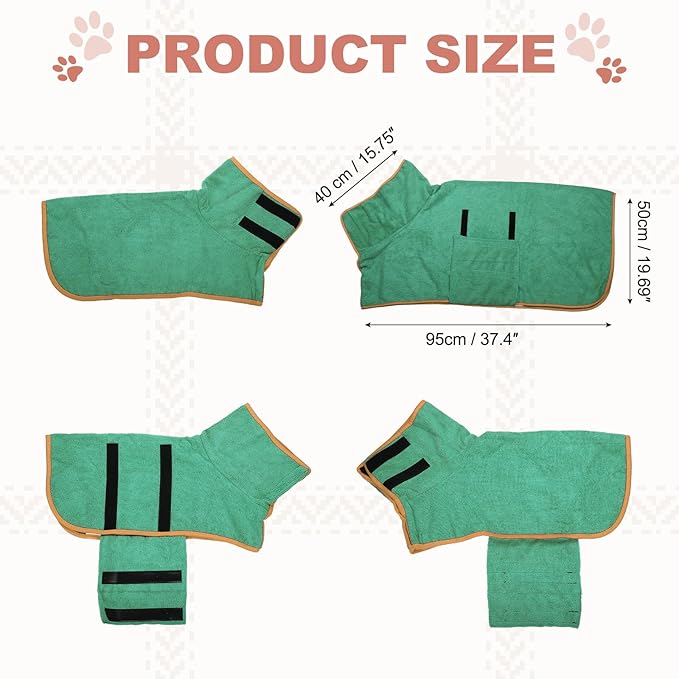 Dog Drying Coat, Dog Robes for After Bath Bathrobe Super Absorbent Towel Soft Adjustable, (XL, Dark Green), Intended for Fast Drying Warm Keeping Pet Cats Kitten Puppies
