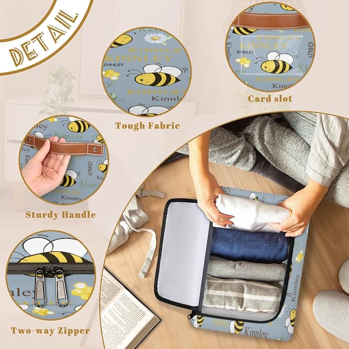 Personalized Kids Toy Box with Name, Custom Cartoon Bee with Daisy Floral SteelBlue Nursery Baskets Cubes Box with Zipper Lid, Custom Storage Basket Laundry Baskets Organizer with Handles