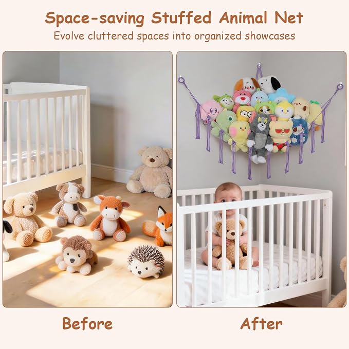Stuffed Animal Hammock Corner,55 Inch Large No Drilling Plushie Net,Purple | Handcrafted Natural 100% Cotton Stuffy Hammock,Boho Macrame Toy Net,Stuffed Animals Storage Plush Holder ,Nursery Room Decor
