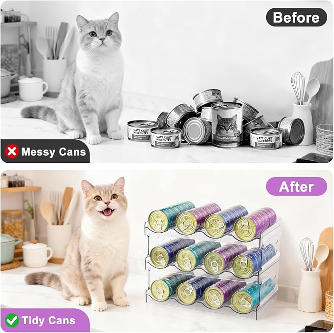 REFLYING Cat Food Can Organizer 3-Tier Holds 72 Cans Acrylic | Clear acrylic 3-tier cat food can organizer,Holds 72 cans 3oz-12.5oz,Stackable pantry storage for multi-cat households