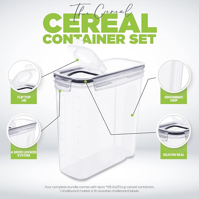 Utopia Kitchen Cereal Containers Storage Set with Lids, 6 Pack, 4L, Clear | Airtight Food Storage Containers with Lids, BPA-Free Cereal Dispensers for Pantry Organization and Storage