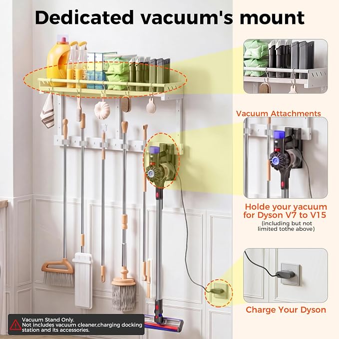 Broom Holder Wall Mount with Shelf,Broom Hanger,3 in 1 Broom and Mop Organizer Wall Hanging for Laundry,Garage,Utility,Broom Rack,Vacuum Stand Alternative,Cleaning Supplies Organizer Storage,White,L