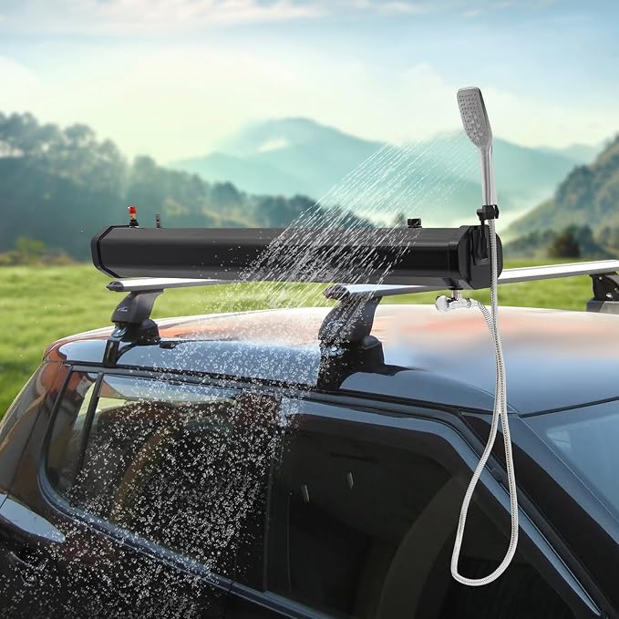 Pressurized Water Tank for Camping, Roof Rack Mount Road Shower with Water Hose & Storage Bag, Portable Off Road Shower Water Storage Tank for Hiking, Car wash, Pet Cleaning