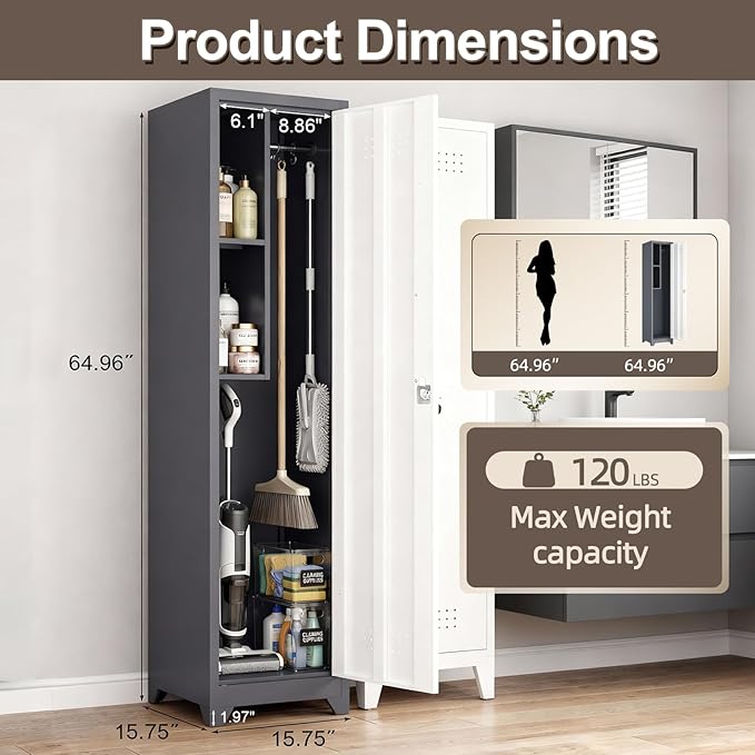 65" H Broom Closet Storage Cabinets, Utility Cabinet for Brooms and Mops, Steel Cleaning Tool Cabinet with Hanging Rod & S-Hooks for Bathroom, Garage, Laundry Room