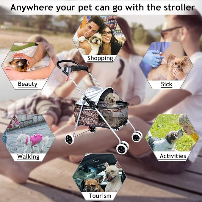 Dog Stroller Pet Stroller Cat Strollers Jogger for Small-Medium Dogs, Cats Folding Travel Carrier Durable 4 Wheels Doggie Cage with Cup Holder Waterproof Puppy Strolling Cart Leopard Skin