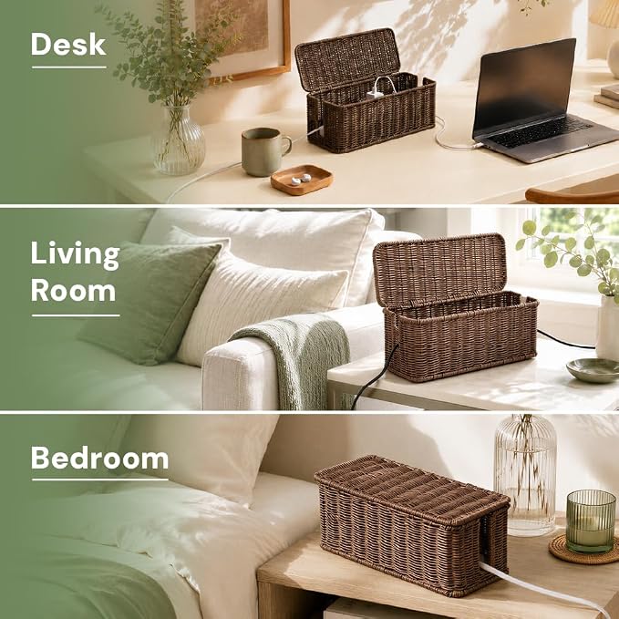Cable Management Box, Handmade Rattan Cord Organizer for Power Strip | Open Slots Cord Hider for Power Strip, Router & USB Hub, Registered U.S. Design Patent