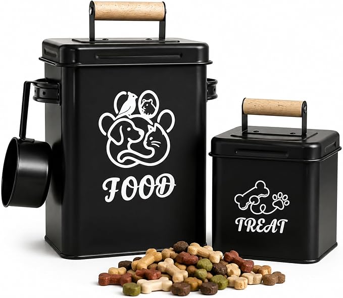 Airtight Dog Treat Container Set of 2 | Iron jars, 26 cup capacity, food-grade coated, includes 1 scoops, keeps treats fresh, fits kibble & biscuits,black