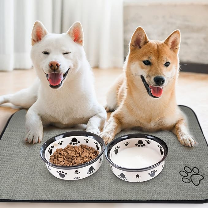SINLAND Microfiber Extra-Large Pet Food Mat Dish Drying Mat Dog Feeding Mats Pet Bowl Mat with Anti-Skid Backing 21Inch x 32Inch Grey