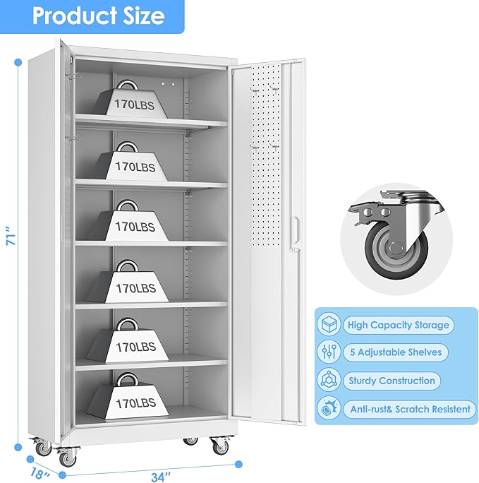Reemoon 71-Inch Metal Garage Storage Cabinet with Wheels, White | 18 x 34 x 71 in rolling steel cabinet with 5 adjustable shelves, pegboard, locking doors, and 4 casters; assembly required.