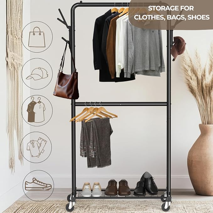 Simple Houseware Double Rod Clothes Rack with Wheels, Hooks & Shelf, Black | Heavy-Duty Metal Garment Rack Organizer
