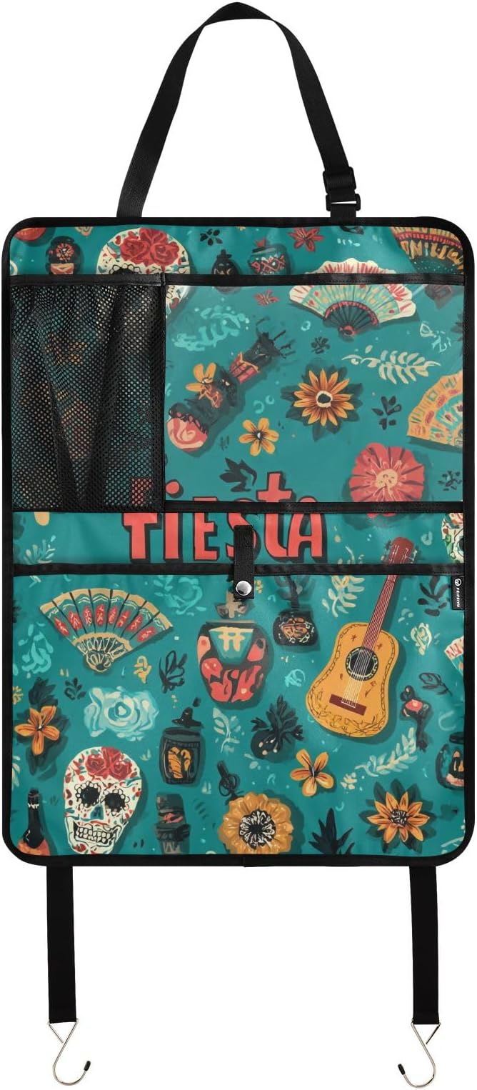 2 Pack Back Seat Car Organizer with Storage Pockets Kick Mats Back Seat Protector Hanging Car Organizer Automotive Seat Back Cover Organizers Fiesta Mexican Green Skulls Guitars Flowers