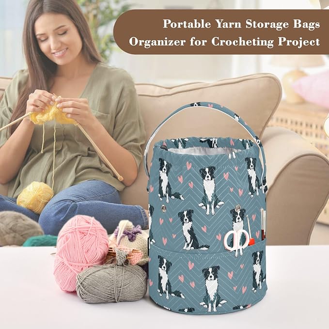 Fustylead Cute Border Collie Dog and Pink Hearts Crochet Drawstring Organizer, Large Yarn Bag Storage Tote Basket for Crocheting On The Go, Kit Holder, Gift for Knitter, Crochet Beginner