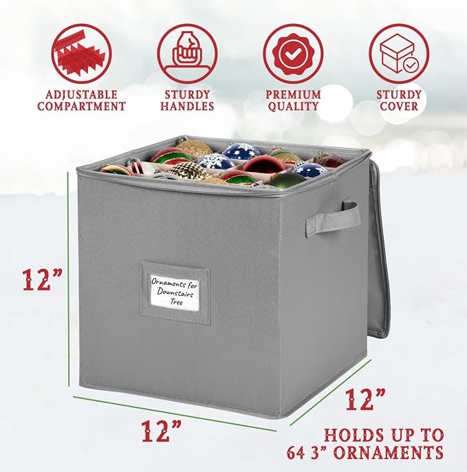 HOLDN’ STORAGE Christmas Ornament Storage Box - Christmas Decor Storage Containers that Store up to 64 – 3” x 3” Holiday Xmas Ornaments – Adjustable Compartment To Fit Many Sizes Ornaments – Grey.