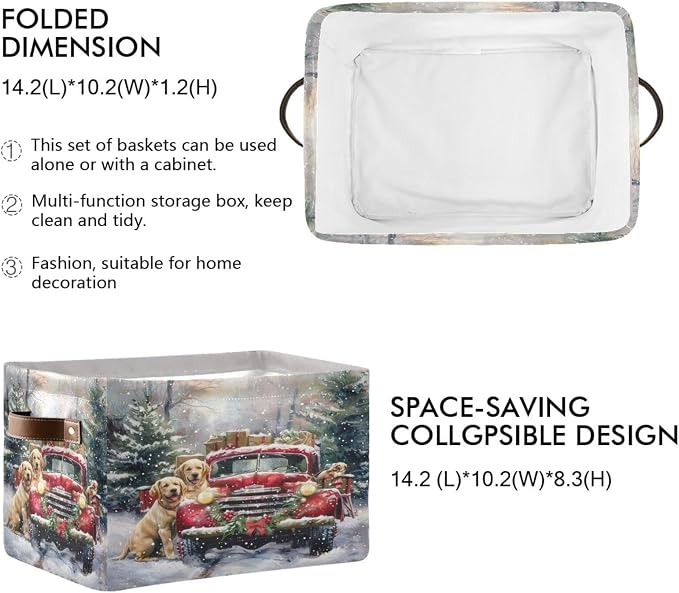 Christmas Truck Golden Retriever Storage Basket Fabric Kitchen Baskets Winter Car Dogs Xmas Tree Open Home Storage Bins Boxes Foldable Organizer Bag for Book Shelf Closet Baskets 16×12×8 Inches 2 Pack