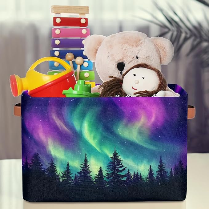 Storage Basket Northern Light Aurora Storage Cube Box Durable Canvas Collapsible Toy Basket Organizer Bin with Handles for Shelf Closet Bedroom Home Office