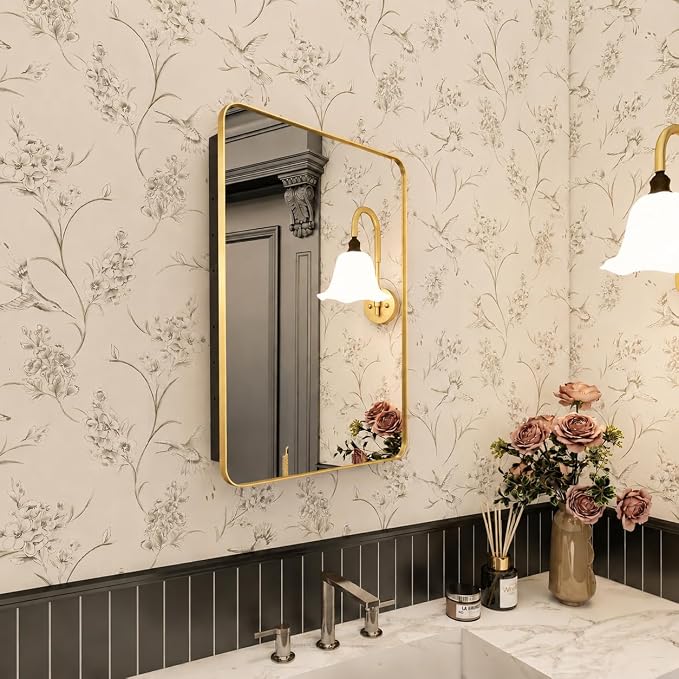 16x24 in Brushed Gold Medicine Cabinet with Mirror for Bathroom, Gold