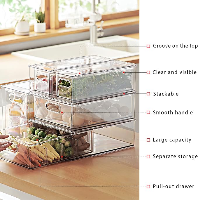 Mano 3PackFridge Drawer Pull Out Stackable Bins with Handle Clear Refrigerator Drawers Organizer Food Storage Container Box with Dividers Plastic Produce Saver for Pantry, Cabinet, Kitchen（2L+1XL）