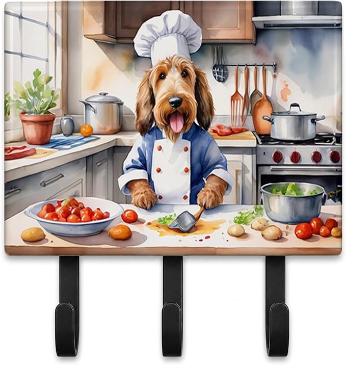 Caroline's Treasures Otterhound The Chef Leash or Key Holder Wall Hooks, Key Hooks Holder, Coat Rack Wall Mount, Coat Hooks, Hooks for Hanging Keys, Towels, Aprons, Leashes | Otterhound The Chef artwork on ceramic tile with three steel hooks for keys, ...