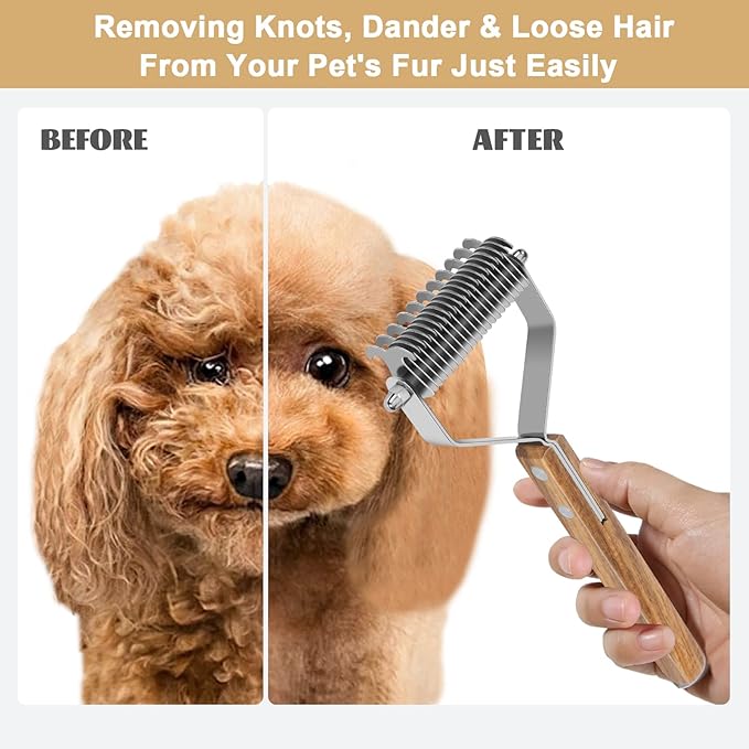 Undercoat Rake for Dogs, Dematting Comb for Dogs and Cats with Wood Handle, Deshedding Dog Brush for Remove Mats, Long-Haired Pets Grooming Rake, L