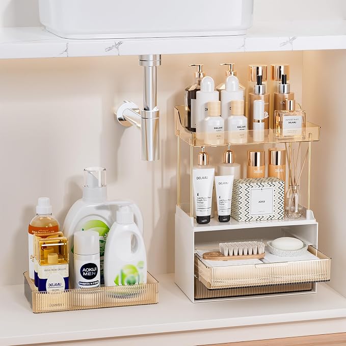 Delamu 5-Tier Makeup Organizer, Bathroom Counter Storage, 3 Drawers, Amber | Elegant Vanity Organizer Gift for Women, Holds Perfume, Skincare, Nail Polish & Hair Accessories for Bathroom Countertop