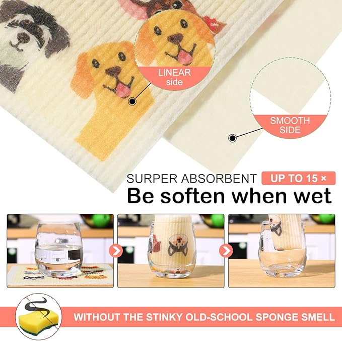 Patelai 6 Pieces Mixed Dog Swedish Cleaning Dishcloths Cloths Absorbent and Fast Drying Kitchen Dish Towels Dogs Cleaning Wipes for Kitchen Bathroom Office Wedding Housewarming, 6 Designs