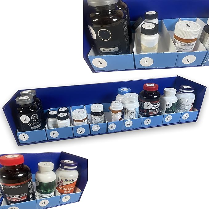 One Place Organizing System for Pill Bottles, Medication Bottles, Supplements and Vitamins - Fits Counter Tops, Pantry, Cabinets. 9 Storage Compartments - Easy Access - Made in USA