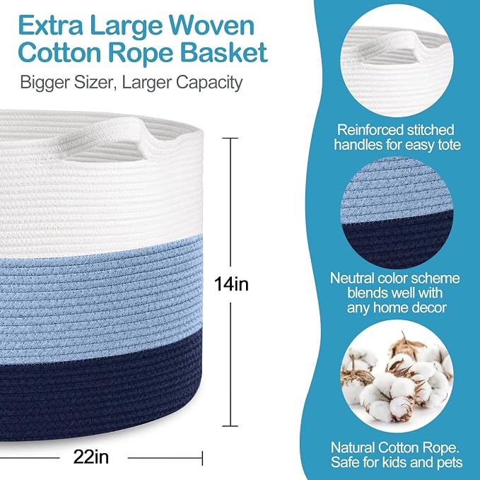 MEGASKET Large Kids Toy Basket, 22" x 14" Soft Woven Cotton Rope Basket, Toy Storage Bin for Kids, Big Baby Nursery Organization, Floor Stuffed Animal Storage, Blanket Pillow Holder for Living Room