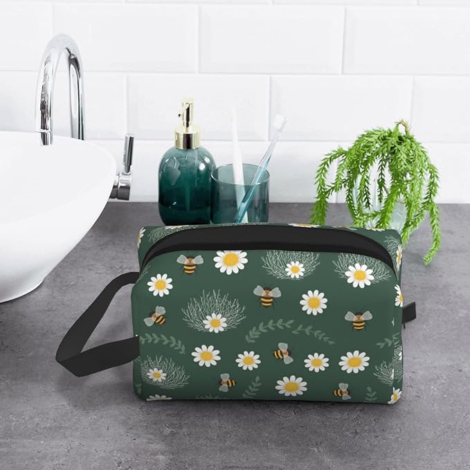 Dark Green Bee & Daisy Makeup Bag - Durable 600D Oxford Fabric Travel Cosmetic Bag, Shockproof Foam Padded Toiletry Organizer for Gym & Daily Use 10x6.2x4.9 Inch