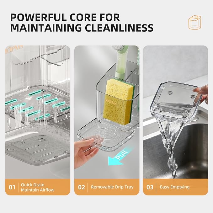 MOPMS Kitchen Sponge Holder with Drip Tray, Sink Caddy Organizer | Clear PET Kitchen Storage Rack Holds Brushes with Removable Divider, Durable Countertop Holder Space-Saving