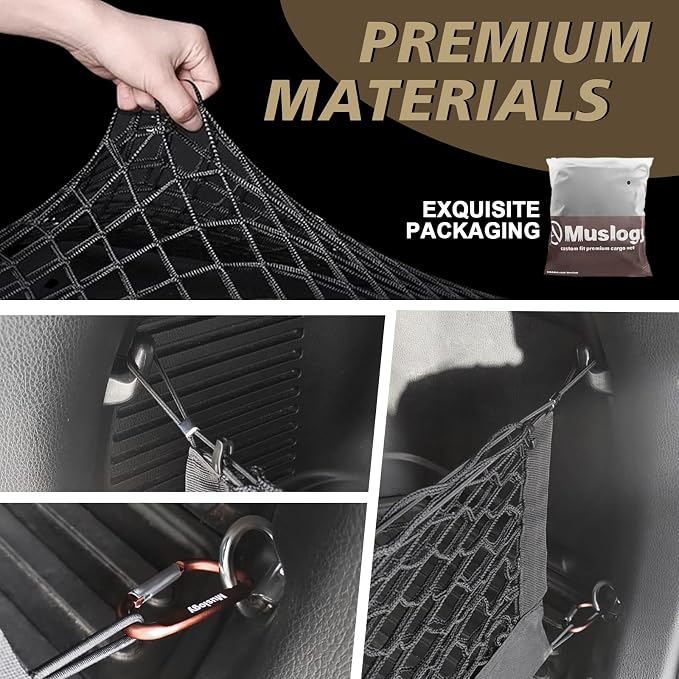 Muslogy Cargo Net for Toyota RAV4 2013-2018 Accessories | Custom Fit, Trunk Storage Organizer Net for SUV Sedan Van Divider, with Heavy Duty Carabiners, Night Visible Grab Handle
