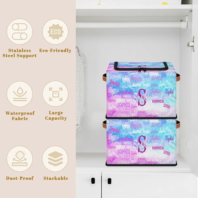 Personalized Name Storage Basket with Zipper Lid, Canvas Storage Bins Toys Clothes Organizer for Bedroom, Kitchen, Bathroom, Nursery, Shelves, Closets, Painted Blue Puple Picture