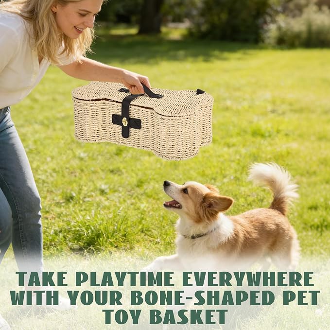 Bone Shaped Storage Basket Large Dog Toy Basket with Lid and Handles Dog Toy Bin Wicker Woven Bone Pet Organizer for Storing Frisbee Blankets Treats Pet Supplies