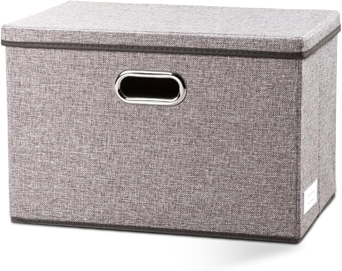 Large Foldable Storage Bin with Lid [1-Pack] Linen Fabric Decorative Storage Box Organizer Containers Basket Cube with Handles Divider for Bedroom Closet Office Living Room (17.7x11.8x11.8)