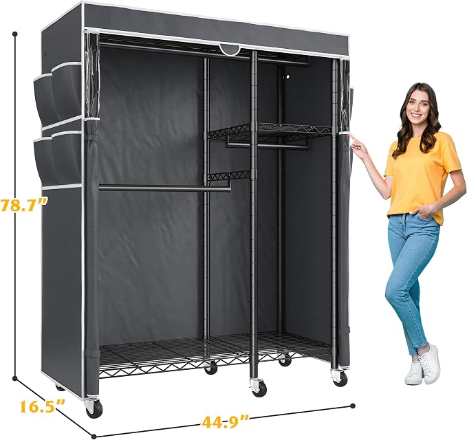 Raybee Clothes Rack with Cover, Rolling Portable Closet, 4 Hanging Zones | Heavy Duty, Tool-free Assembly, Adjustable Shelves, Lockable Wheels, Freestanding, Covered, Saving Space for Bedroom,Dorm