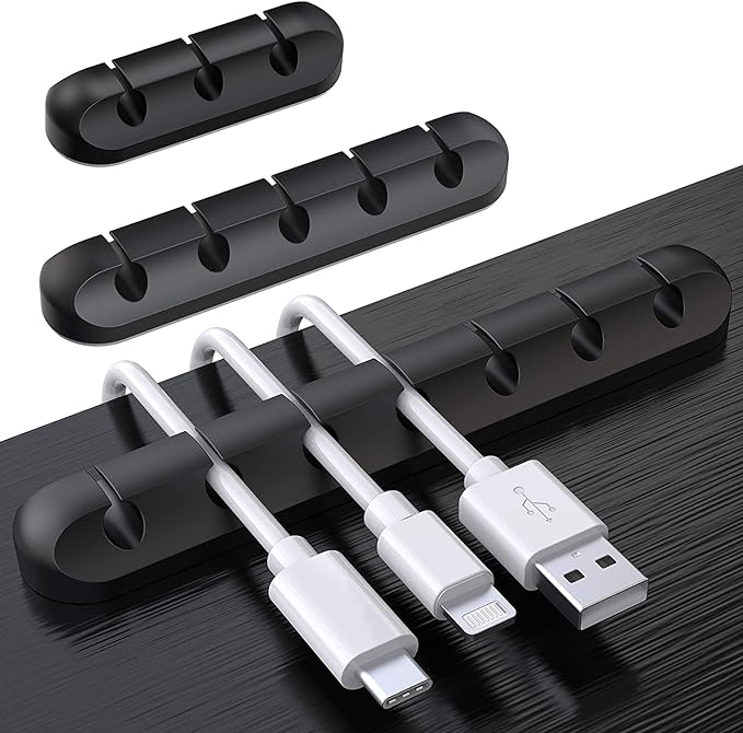 SOULWIT 3 Pcs Silicone USB Cable Holder Clips, Self Adhesive - Black | for Desktop Charging Cable, Nightstand, Mouse Cable Wire PC Office Home