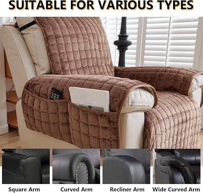 Polyester Flannel Recliner Cover, Non-Slip with 2 Side Pockets | Soft short-pile polyester with silicone backing guards armrests from pet scratches; thick one-piece cover, machine washable.