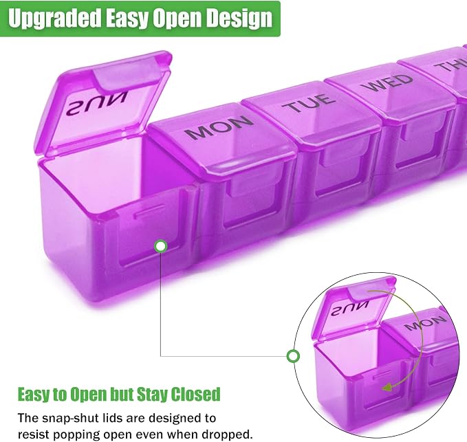 2 Pack Weekly Pill Organizer, Large 7 Day Travel Pill Case (Red & Purple) | Daily Vitamin Case Medicine Box, AM/PM Pill Containers Twice a Day for Medicine Supplements Fish Oil, Portable & Durable