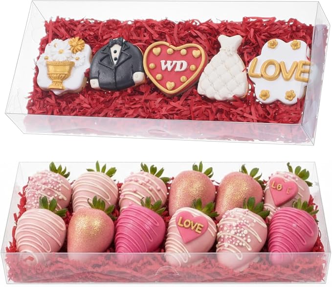 24PCS 12x5x2 Inches Clear Valentines Strawberry Boxes for Party Favors | Clear Gift Boxes for Cookie,Macaron Strawberry,Dessert,Jumbo Cards and More