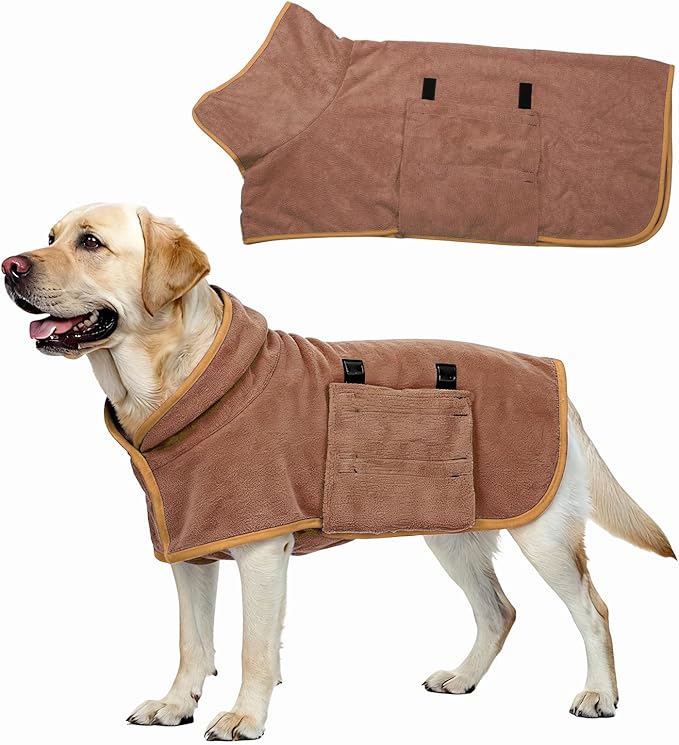 Dog Drying Coat, Dog Robes for After Bath Bathrobe Super Absorbent Towel Soft Adjustable, (L, Brown), Intended for Fast Drying Warm Keeping Pet Cats Kitten Puppies