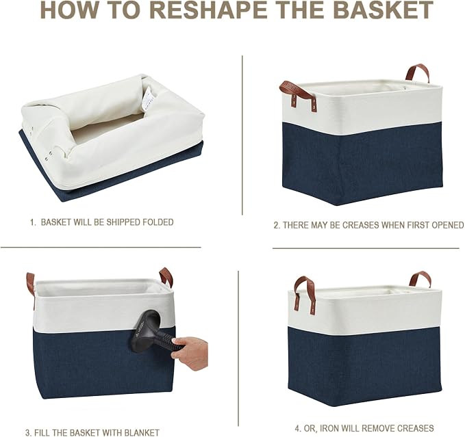DECOMOMO Fabric Storage Bins, Extra Large Storage Baskets with Handles | 3 Pack Storage Baskets for Shelves, Laundry, Toys, Nursery (Navy Blue & White)