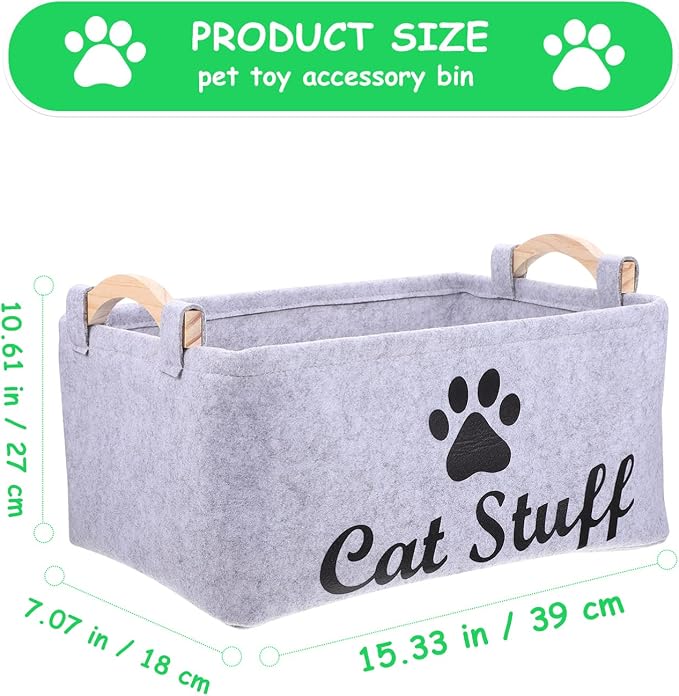 balacoo Cat Toy Storage Bin Fabric Pet Accessory Organizer Felt Basket Chest Organizer Container with Wooden Handle for Dog Rope Toys Blankets Leashes Clothing Grey
