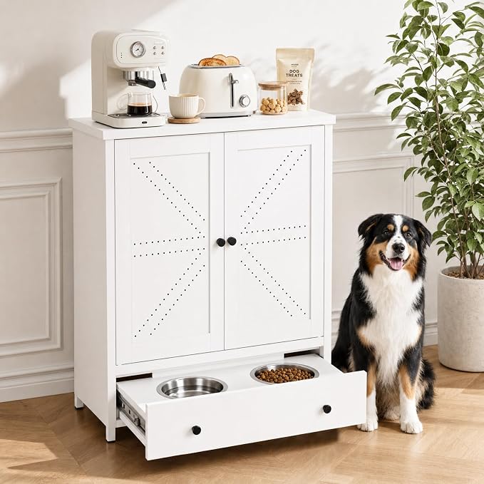 Dog Feeding Station with Storage Cabinet, Metal Pet Feeding Station with Storage, Dog Food Storage Cabinet with 2 Elevated Stainless Steel Bowls, Pet Food Cabinet Organizer, White