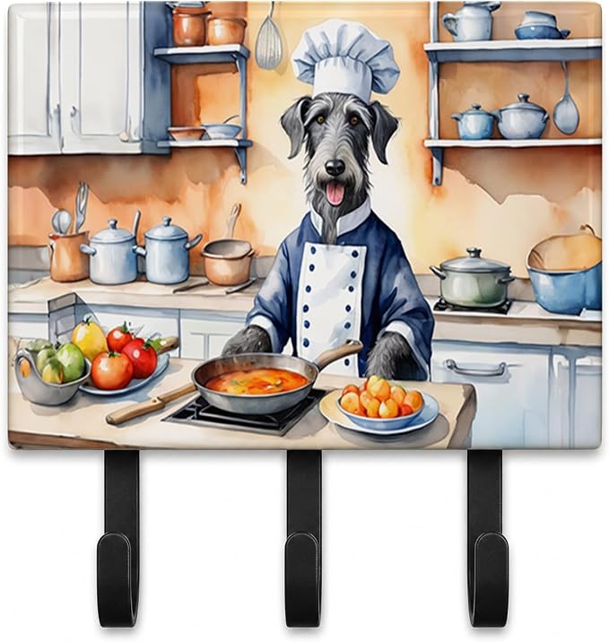 Caroline's Treasures Scottish Deerhound The Chef Leash or Key Holder Wall Hooks, Key Hooks Holder, Coat Rack Wall Mount, Coat Hooks, Hooks for Hanging Keys, Towels, Aprons, Leashes | Scottish Deerhound The Chef artwork on ceramic tile with three steel ...